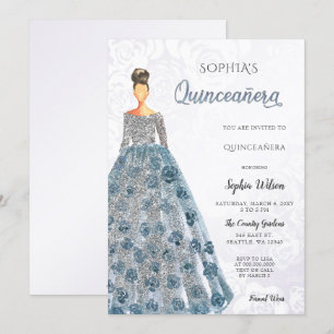 Silver Dusty Blue Gnistra Dress Quinceanera Inbjudningar