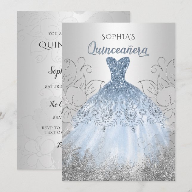 Silver Dusty Blue Gnistra Dress Quinceañera Quince Inbjudningar (Fram/baksida)