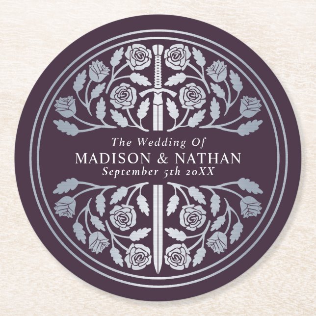 Silver Eggplant Royal Medieval Sword Wedding Underlägg Papper Rund (Framsidan)