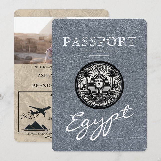 Silver Egypt Passport Wedding Invitation Inbjudningar (Fram/baksida)