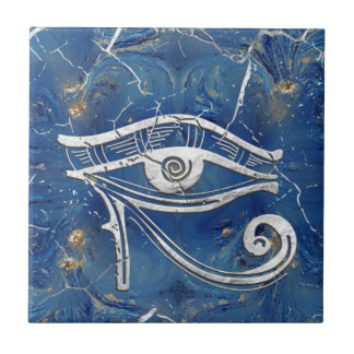 Silver Egyptian Eye of Horus  on blue marble Kakelplatta