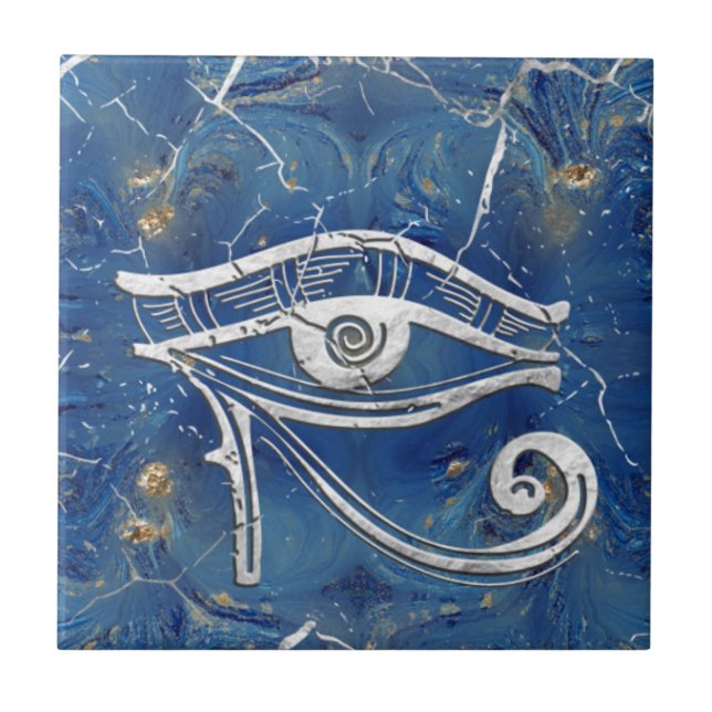Silver Egyptian Eye of Horus  on blue marble Kakelplatta (Framsidan)