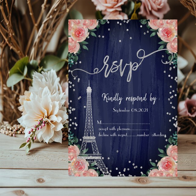 Silver Eiffeltorn Diamanter Blommig Marinblå RSVP Inbjudningar (Skapare uppladdad)