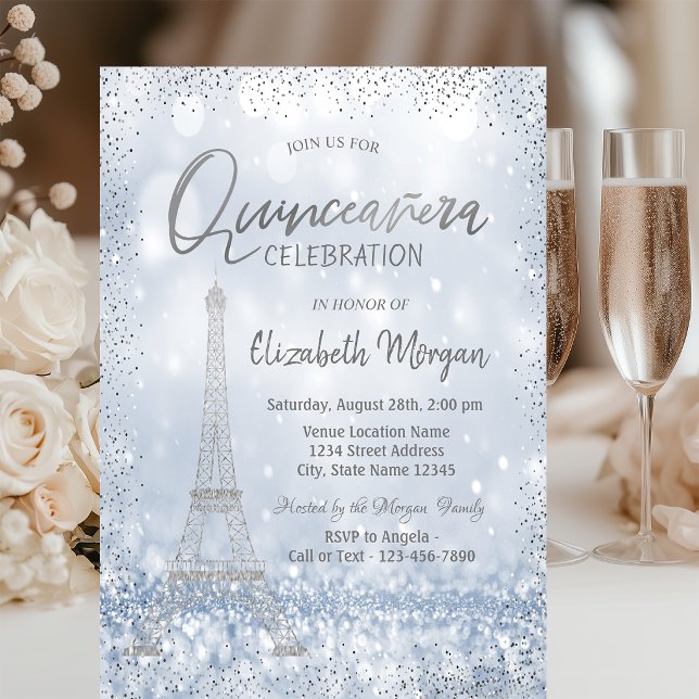 Silver Eiffeltorn Konfetti Bokeh Quinceañera Inbjudningar (Skapare uppladdad)