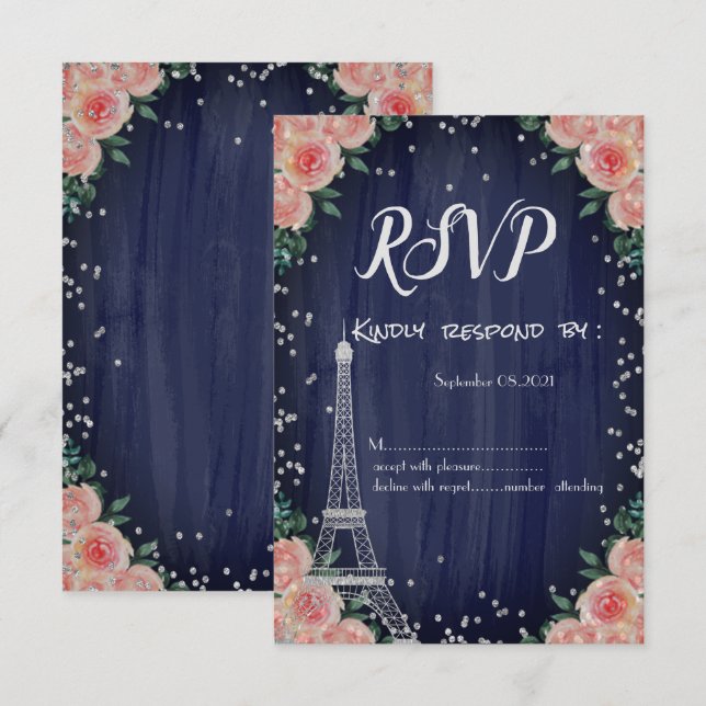 Silver Eiffeltornet Diamanter Blommor RSVP Inbjudningar (Fram/baksida)