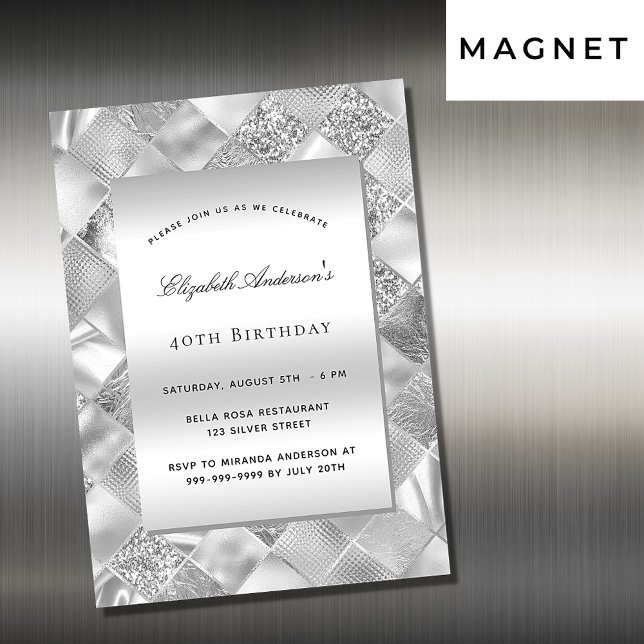Silver elegant, modern lyxfödelsedag magnetisk inbjudningskort (Skapare uppladdad)