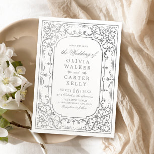 Silver elegant ornerar romantiskt vintage bröllop inbjudningar