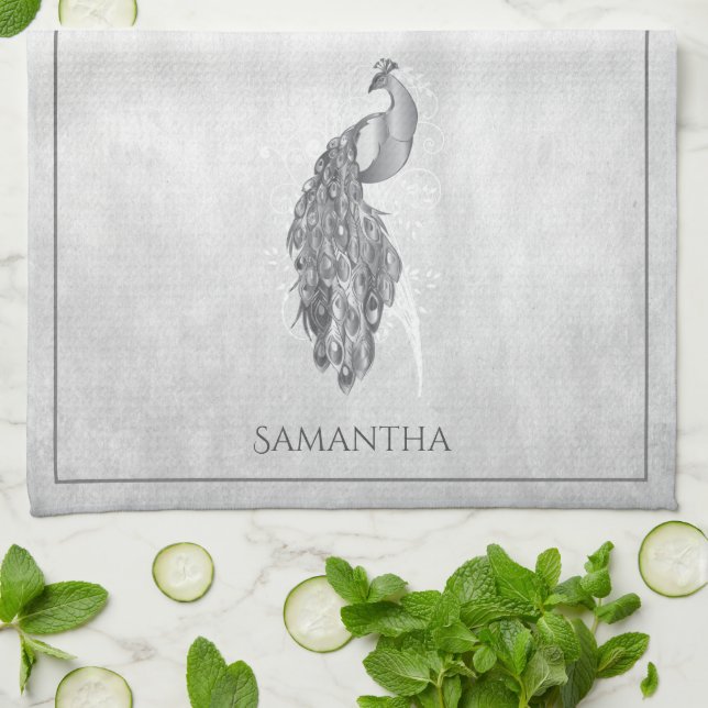 Silver Elegant Peacock Kitchen Towel Kökshandduk (Vikta)