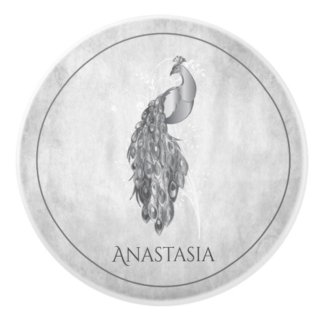 Silver Elegant Peacock Personlig Ceramic Knob Knopp (Framsidan)