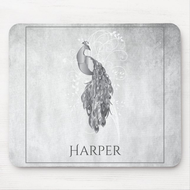 Silver Elegant Peacock Personlig Mouse Pad Musmatta (Framsidan)
