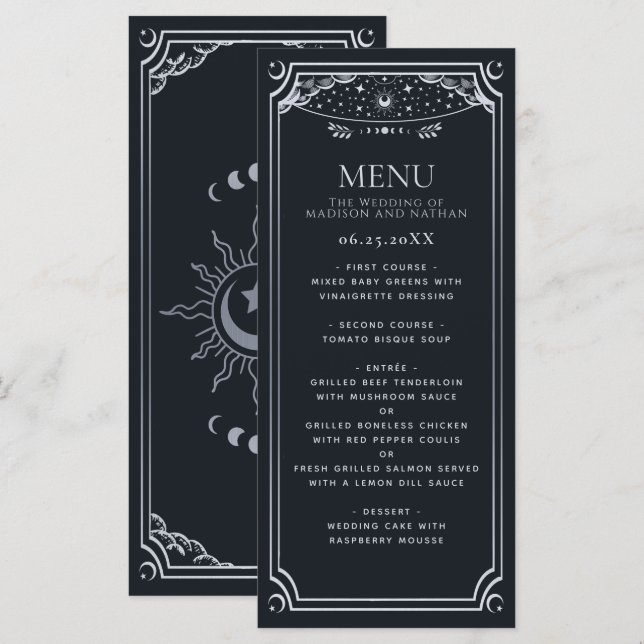 Silver Elegant Tarot Card Gothic Bröllop Meny (Fram/baksida)