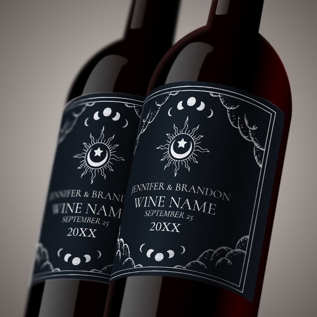 Silver Elegant Tarotkort Bröllop  Vinflaska Etikett (Skapare uppladdad)