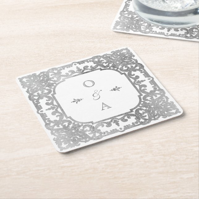 Silver elegant vintage par monogram  underlägg papper kvadrat (Vinklad)