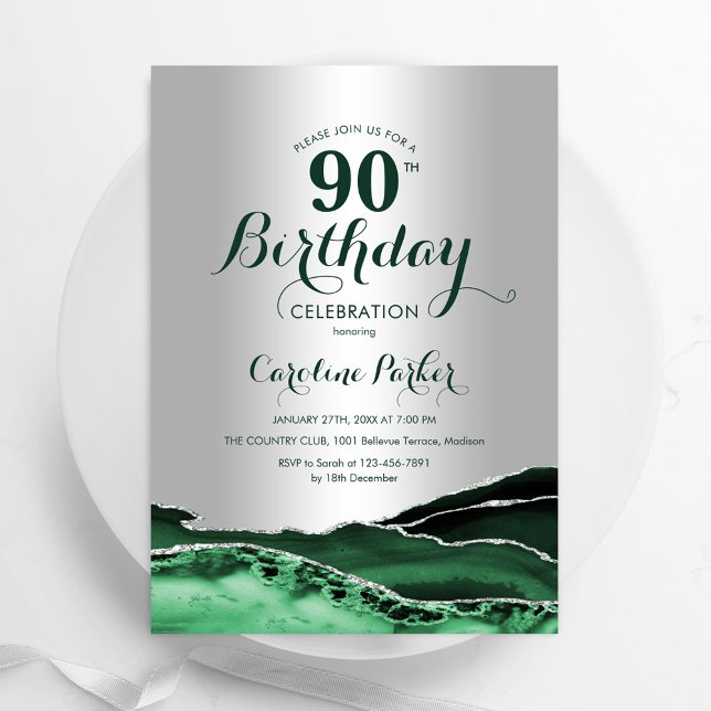Silver Emerald Grönt Agate Marble 90:e Birthday Inbjudningar (Skapare uppladdad)