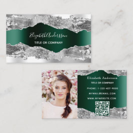 Silver emerald grönt agate marble QR-kodfoto Visitkort