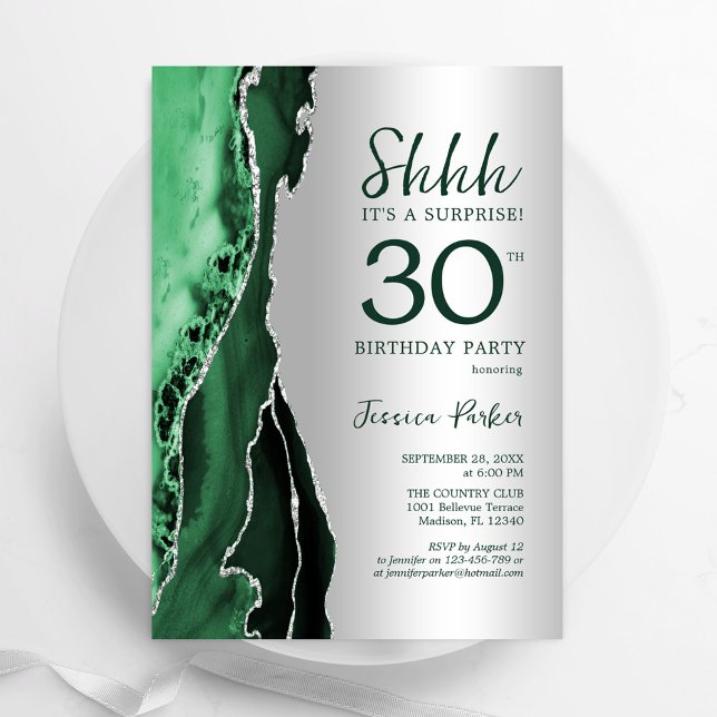 Silver Emerald Grönt Agate Surprise 30års födelsed Inbjudningar (Skapare uppladdad)