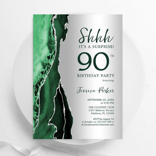 Silver Emerald Grönt Agate Surprise 90:e Birthday Inbjudningar (Skapare uppladdad)