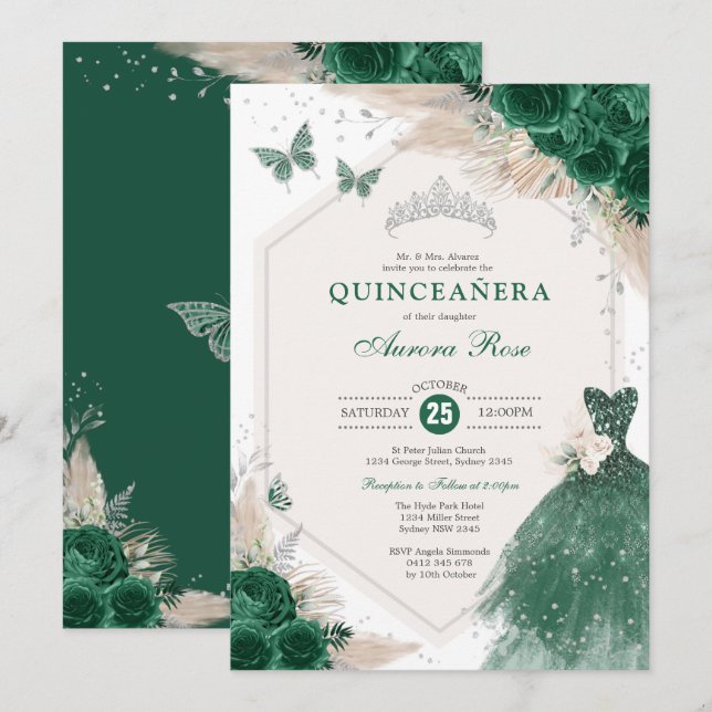 Silver Emerald Grönt Boho Ro Quinceañera Party Inbjudningar (Fram/baksida)