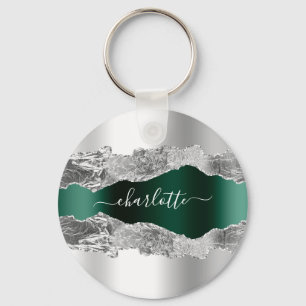 Silver emerald grönt metall agate marble namn nyckelring