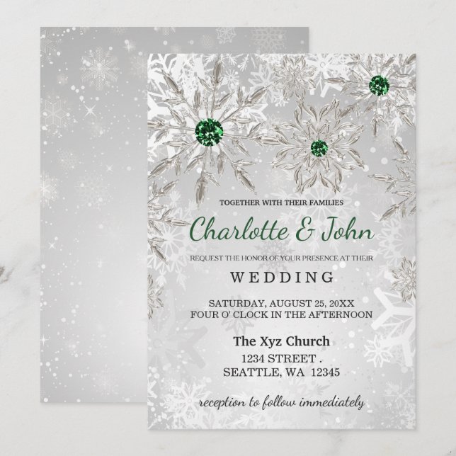 Silver Emerald Grönt snöflingor Winter Wedding Inbjudningar (Fram/baksida)