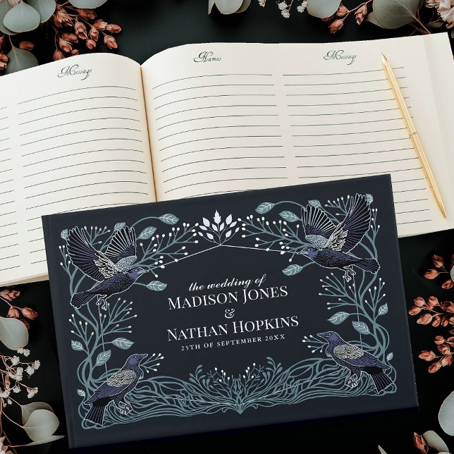 Silver Enchanted Gothic Raven Blommigt Bröllop Gästböcker (Skapare uppladdad)