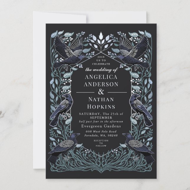 Silver Enchanted Gothic Raven Blommigt Bröllop Inbjudningar (Framsida)