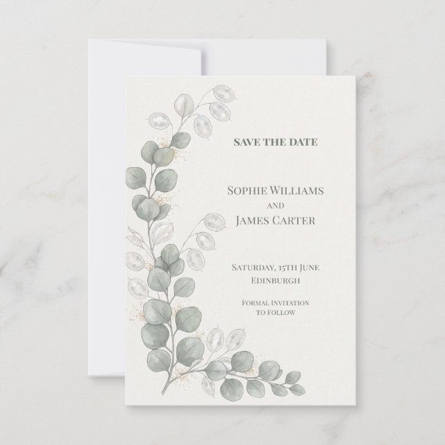 Silver Eucalyptus Bröllop Save The Date Spara Datumet (Framsida)