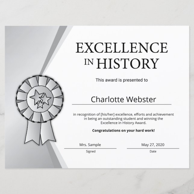 Silver Excellence in History Certificate Award (Framsida)