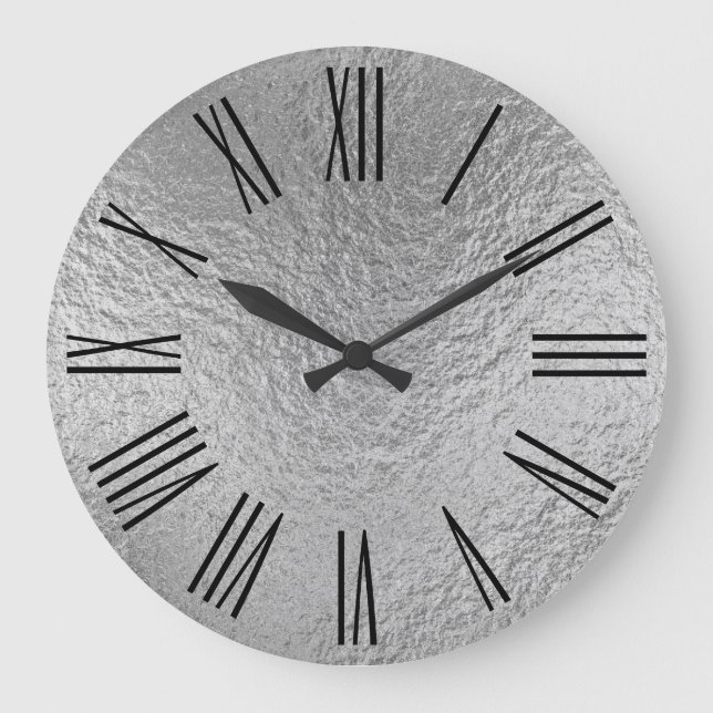 Silver Fals Folie Struktur Svarta Romerska Siffror Stor Klocka (Framsida)