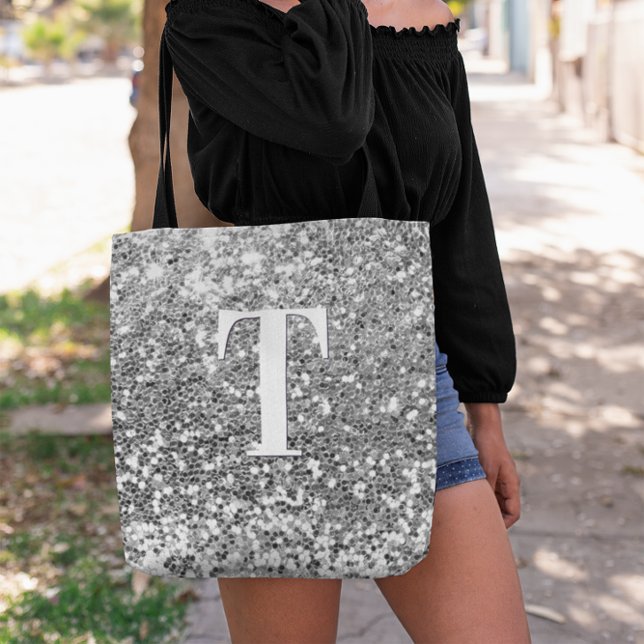 Silver Fals Glitter Bokeh Glitter Monogram Tygkasse (Silver Chunky Glitter Monogram Tote Bag)
