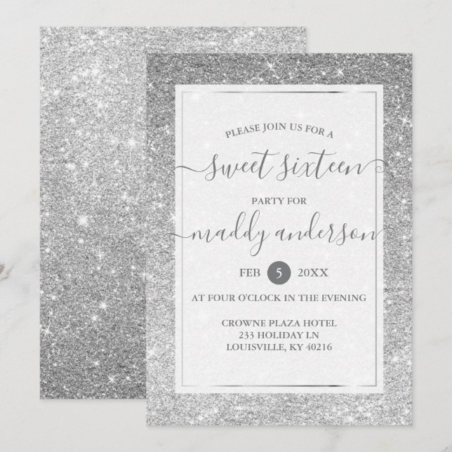 Silver Fals Glitter Elegant Sweet 16 Födelsedag Inbjudningar (Fram/baksida)