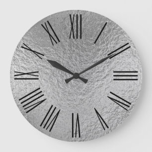 Silver Faux Foil Struktur Black Roman Numerals Stor Klocka