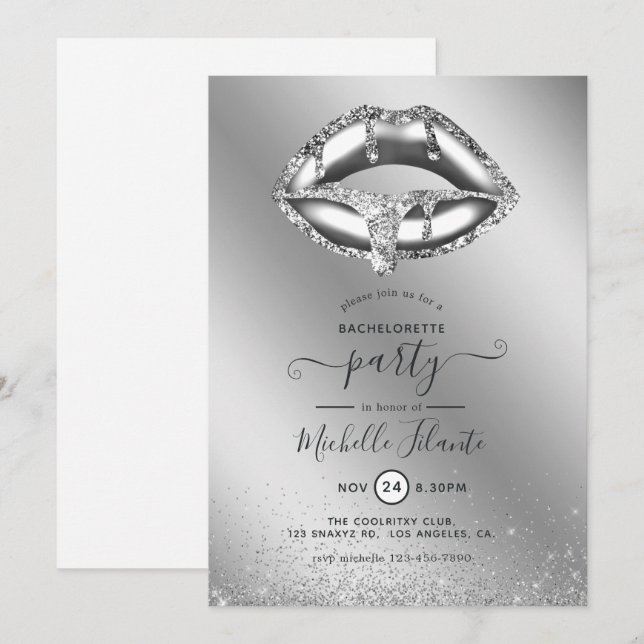Silver Faux Glitter Bachelorette Party Inbjudningar (Fram/baksida)