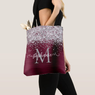 Silver Faux-Glitter Girly Glam Burgundy Personaliz Tygkasse