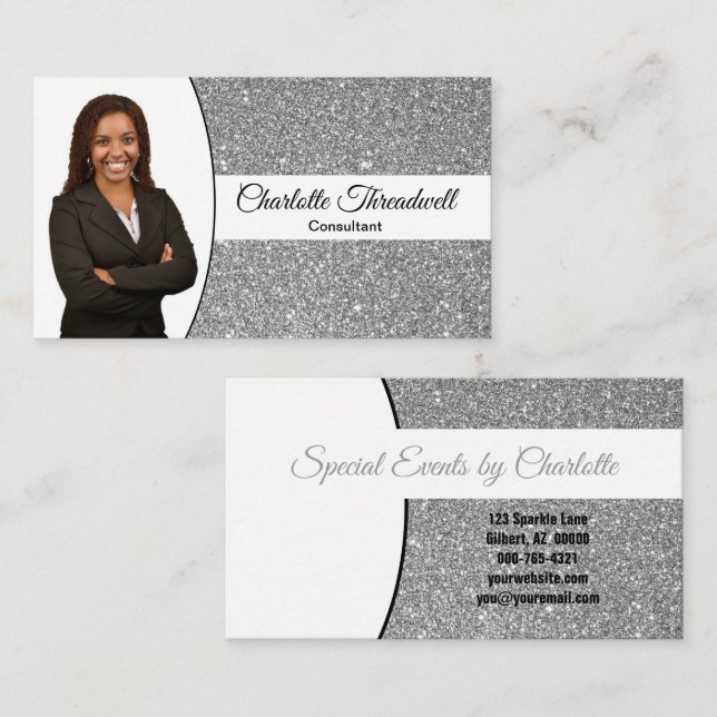 Silver Faux Glitter Replaceable Professional Photo Visitkort (Fram/baksida)