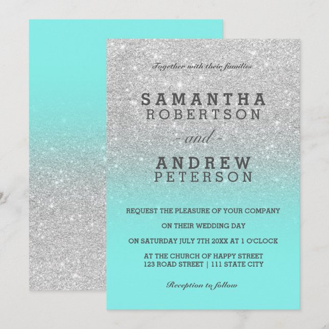 Silver faux glitter teal oceanen chic bröllop inbjudningar (Fram/baksida)