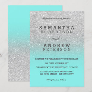 Silver faux glitter teal oceanen chic bröllop inbjudningar