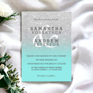 Silver faux glitter teal ombre bröllop anpassnings inbjudningar