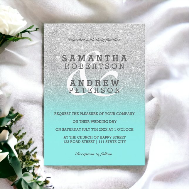 Silver faux glitter teal ombre bröllop anpassnings inbjudningar (Silver faux glitter teal ombre wedding custom invitation)