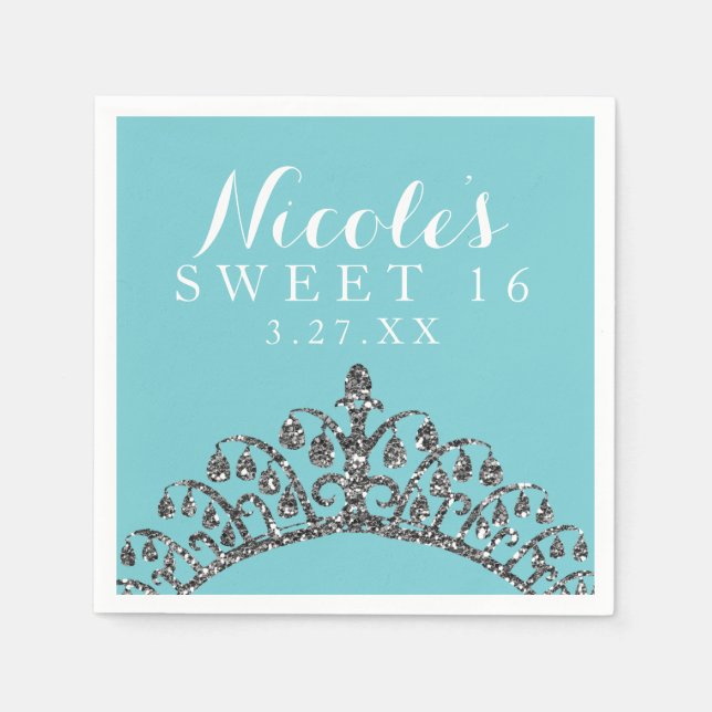 Silver Faux Glitter Tiara Krona Födelsedagsfest Pappersservett (Framsidan)