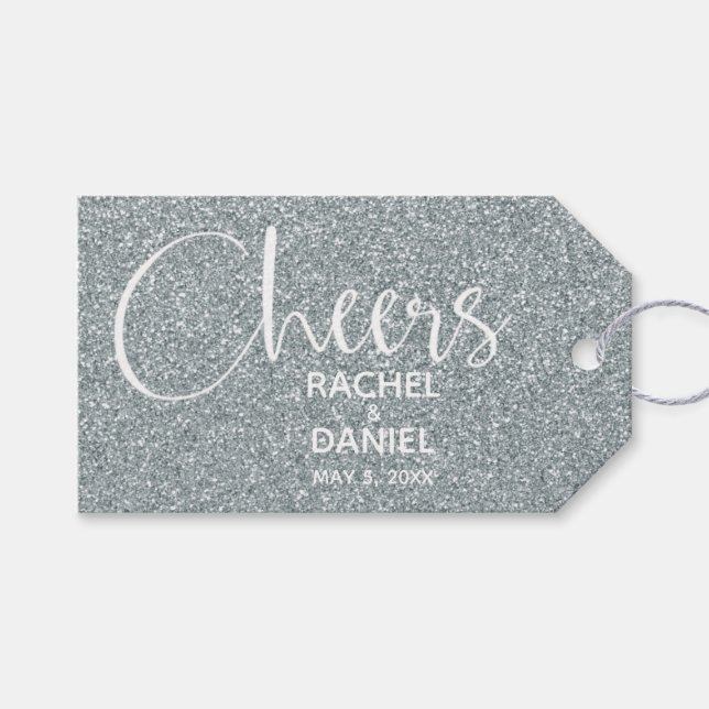 Silver Faux Glitter Wedding Favor Presentetikett (Framsidan (Horisontell))