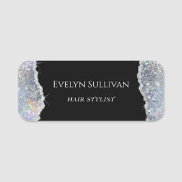 Silver faux iridescent glitter namnbricka