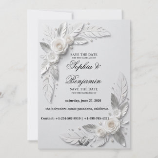 Silver Feather & Pearl Blommig Spara Datum-kort Inbjudningar