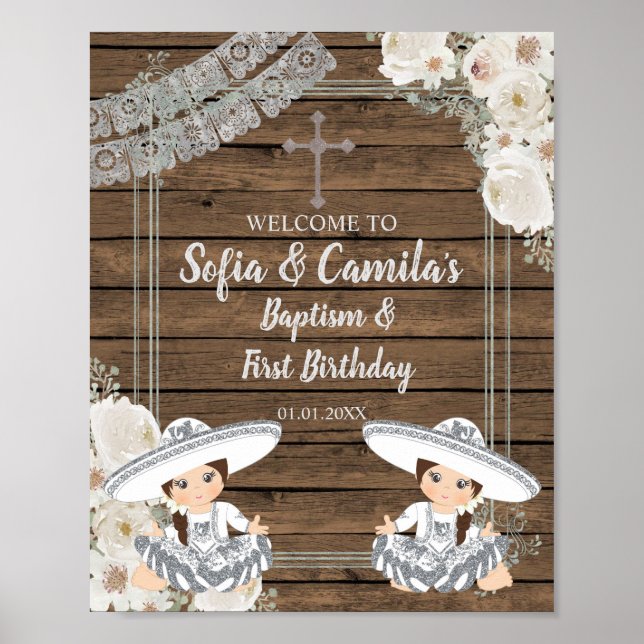 Silver Fiesta Twin Girl Baptism and Birthday Poster (Framsidan)