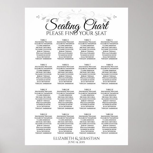Silver Filigree 16 Bord Bröllop, sittdiagram Poster (Framsidan)