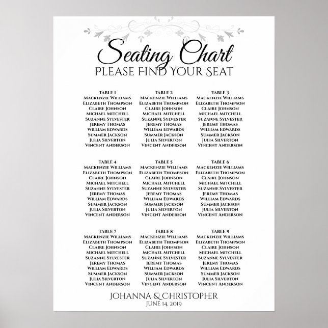 Silver Filigree 9 Bord Bröllop, sittdiagram Poster (Framsidan)