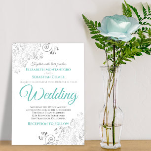Silver Filigree Aqua och White Elegant bröllop Inbjudningar