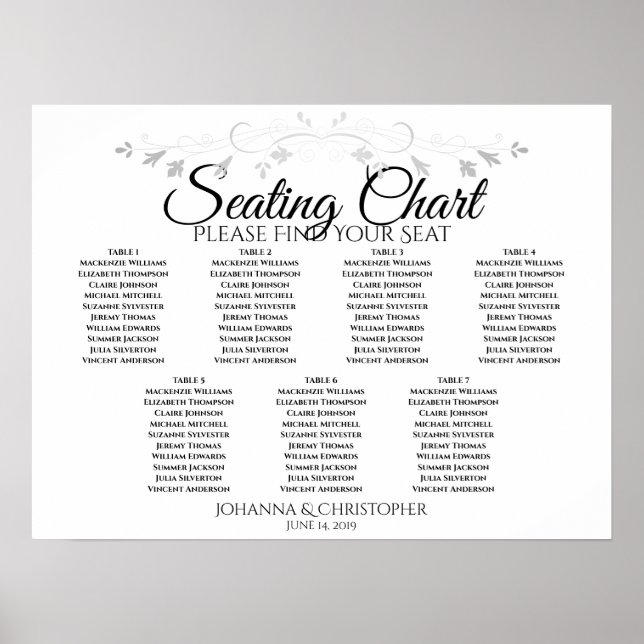 Silver Filigree Chic 7 Bord Bröllop, sittdiagram Poster (Framsidan)