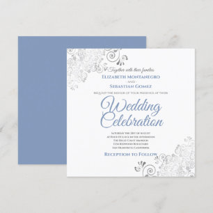 Silver Filigree Elegant Blue Grått Square Bröllop Inbjudningar