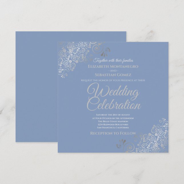 Silver Filigree Elegant Blue Square Bröllop Inbjudningar (Fram/baksida)